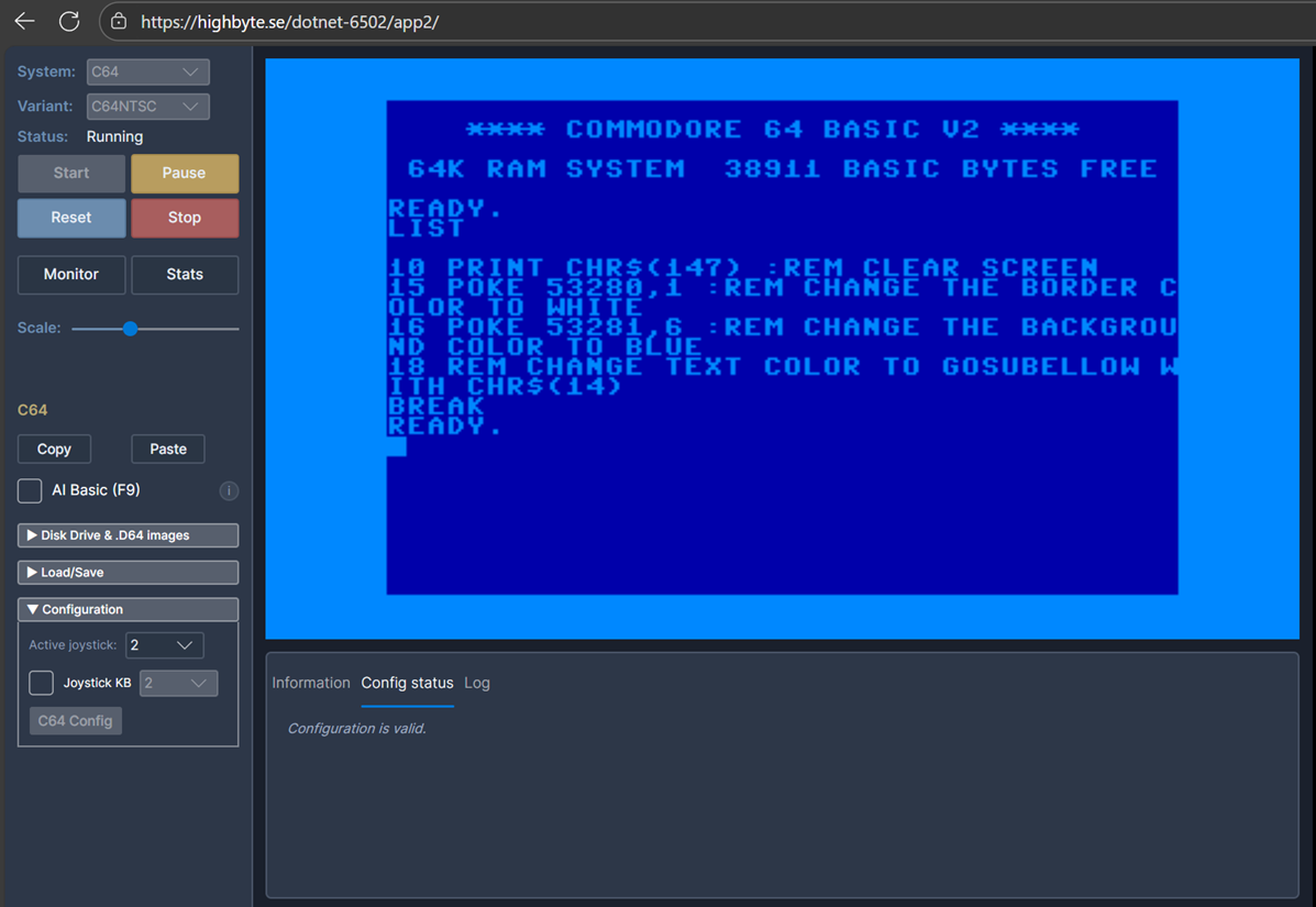 Avalonia Browser WebAssembly app, C64 Basic